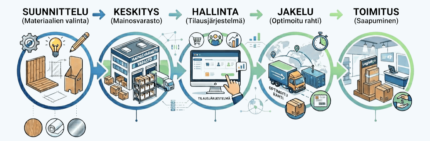 Markkinointilogistiikan prosessikaavio: suunnittelusta toimitukseen myymälään.